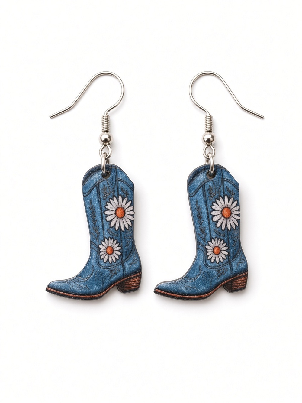 Blue cowgirl boot silver dangle earrings